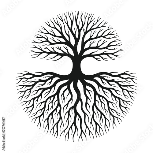 Stylized tree of life with intricate roots and branches
