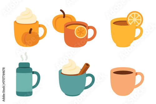 Autumn drinks flat icon set. featuring pumpkin spice, hot cider, tea with lemon, thermos, and cinnamon latte symbols