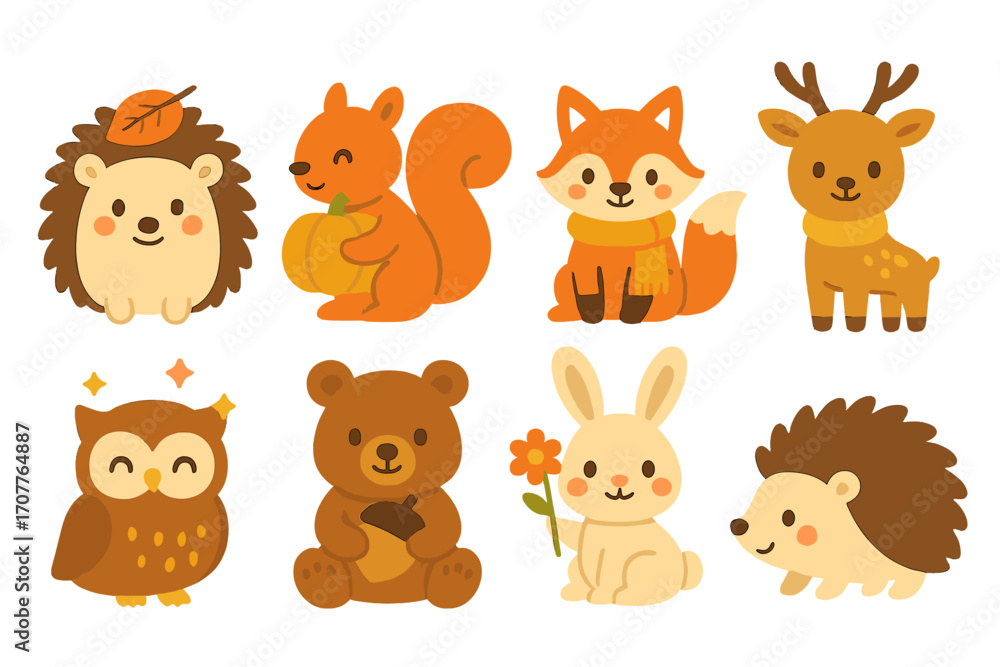 Obraz premium Animal flat icon set. featuring hedgehog, squirrel, fox, deer, owl, bear, rabbit symbols