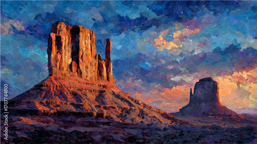 Vector illustration of Monument Valley sandstone, oil painting in impasto style.