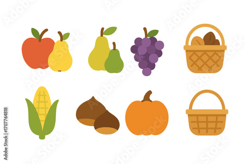 Autumn harvest flat icon set. featuring apple, pear, grape, basket, corn, chestnut, pumpkin symbols