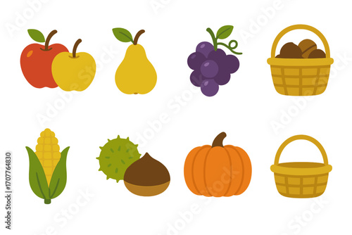 Autumn harvest flat icon set. featuring apple, pear, grapes, basket, corn, kiwi, chestnut, pumpkin symbols
