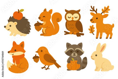 Forest animals flat icon set. featuring hedgehog, squirrel, owl, deer, fox, bird, raccoon, rabbit