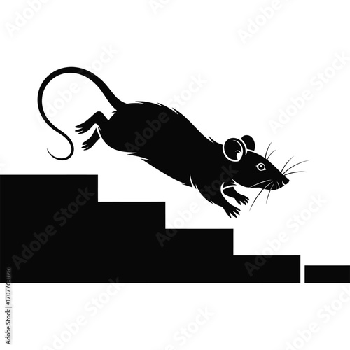 Silhouette of a rat descending a set of dark stairs