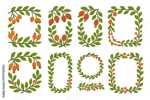 Nature silhouette icons set. featuring flower, leaf, wreath, frame, and berry symbols