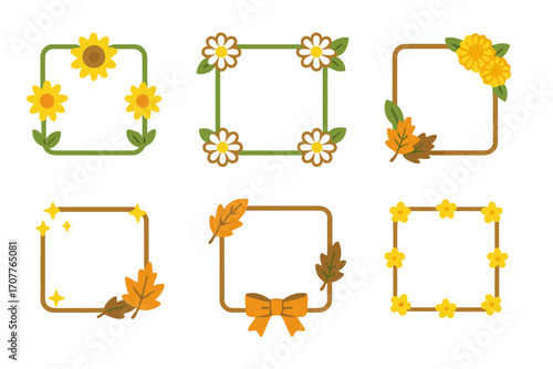 Autumn flowers silhouette icon set. featuring sunflower, daisy, leaves, and sparkling wreath symbols