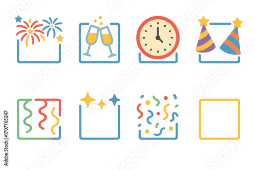 Celebration flat icon set. featuring fireworks, champagne, clock, party hat, confetti, stars.