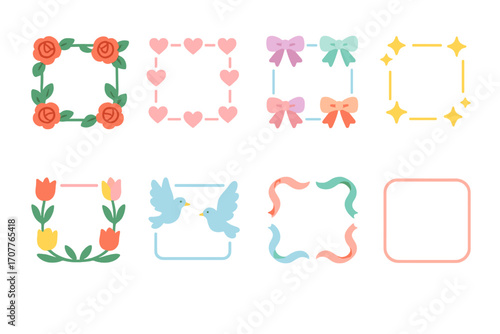 Decorative frame neon icon set. featuring rose, heart, bow, star, tulip, dove, ribbon, and plain symbols