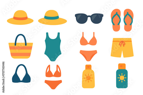 Beachwear flat icons set. featuring hat, bag, swimsuit, sunglasses, flip-flops, sunscreen, bikini, shorts
