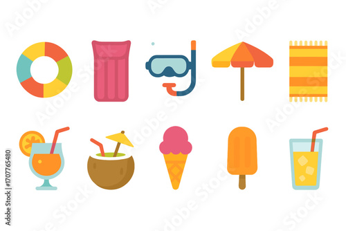 Summer vacation flat icon set. featuring lifebuoy, air mattress, snorkel, umbrella, beach towel, drink, coconut, ice cream