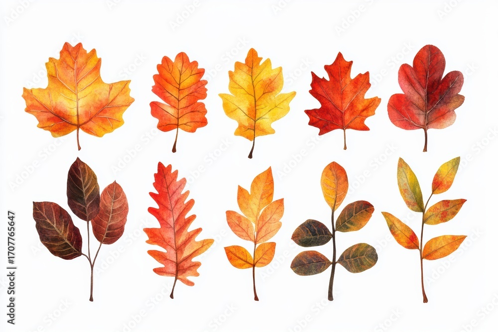 Fototapeta premium Vibrant autumn leaves collection showcasing unique shapes and colors for graphic design
