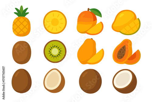 Tropical fruits flat icon set. featuring pineapple, mango, coconut, kiwi, and papaya symbols