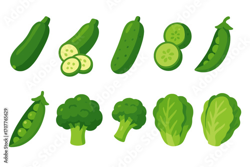 Vegetable flat icons set. featuring zucchini, pea pods, broccoli, and lettuce symbols