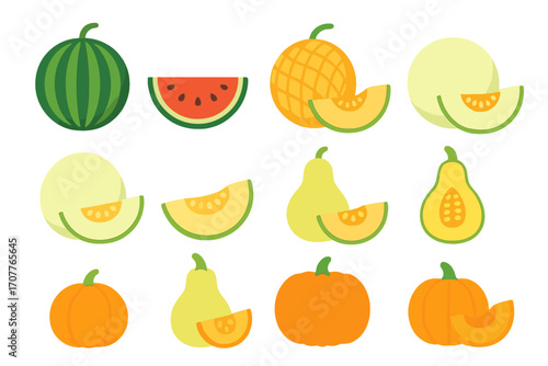 Fruit silhouette icon set. featuring watermelon, pineapple, apple, pear, and pumpkin