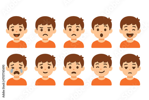 Emotion flat icon set. featuring happy, sad, confused, surprised, angry, crying, neutral, excited, bored facial expressions