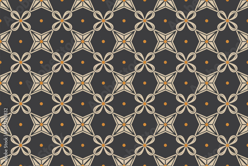 A seamless pattern with geometric shapes flowers and dots on a dark gray background repeating design