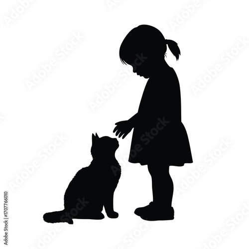 Silhouette of a little girl with a ponytail gently touching a sitting cat in an adorable gesture, evoking feelings of friendship and innocence.