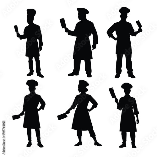 Silhouette illustration of chefs using cleavers, shown in various poses. Perfect for culinary themes, food professions, and artistic representations.