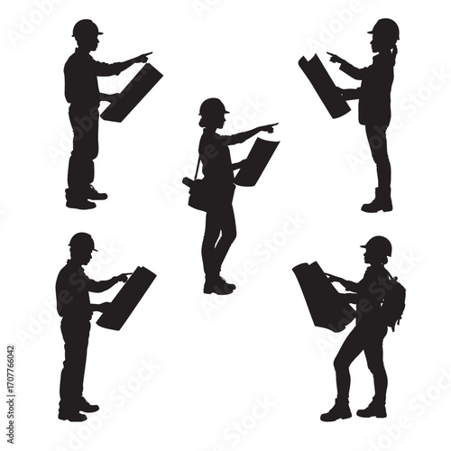 Silhouettes showing engineers or construction professionals reviewing plans and pointing, depicting teamwork and planning in construction or engineering projects