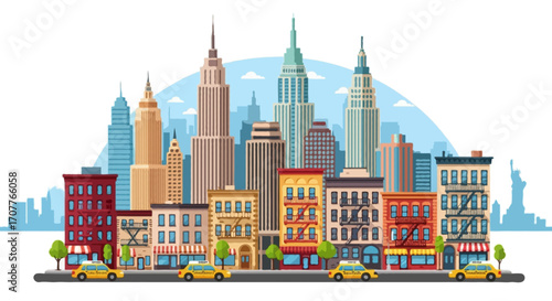 Flat vector illustration of New York cityscape, skyscrapers, yellow taxis, Statue of Liberty silhouette, street shops, fire escapes
