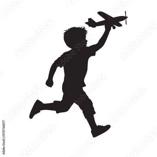 Artistic silhouette of a child running joyfully while holding a toy airplane, symbolizing youth, creativity, and dreams. Themes of imagination, freedom, and the joys of childhood play