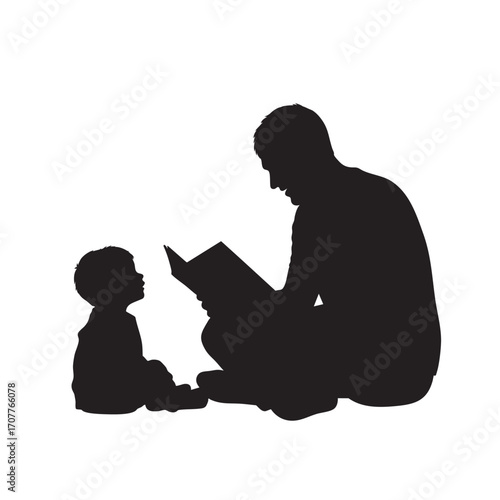 A silhouette image of a father sharing a reading moment with his child, showcasing bonding, learning, and togetherness in a serene environment.