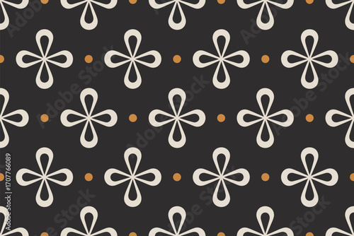 A repeating pattern of white four leaf clover shapes and orange dots on a dark background surface