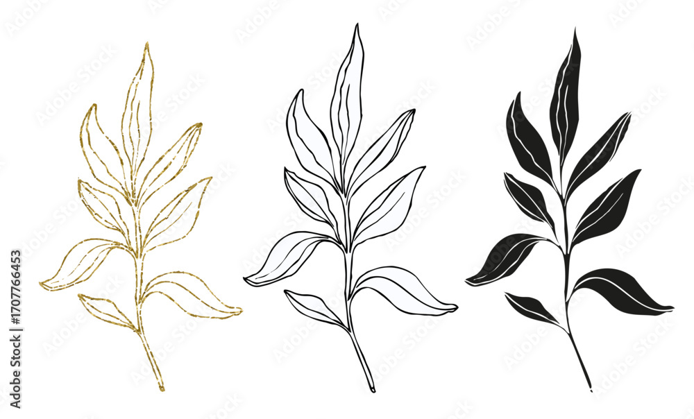 Fototapeta premium Palm leaves line art, silhouette and glitter simple hand drawn vector illustration set, isolate on white background