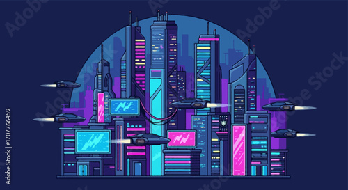 Flat vector cityscape illustration of futuristic cyberpunk city, neon skyscrapers, flying cars, holographic billboards, night glowing colors