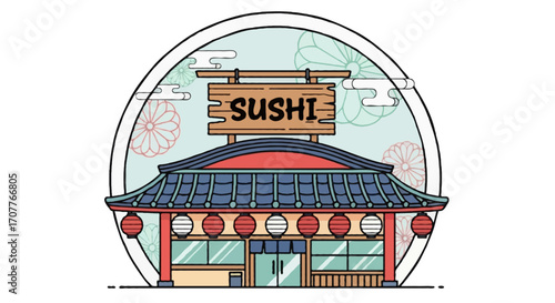 A flat vector illustration of a Japanese restaurant with traditional roof, lanterns, sushi signboard