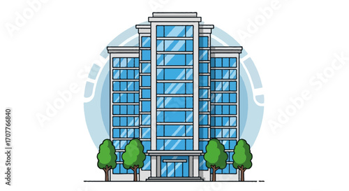 A flat vector illustration of a tall office building with glass windows, entrance door and trees in front