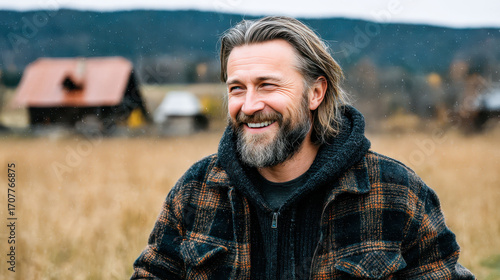 A man with a beard and a plaid jacket is smiling in a field. He is wearing a black and brown jacket with a hood