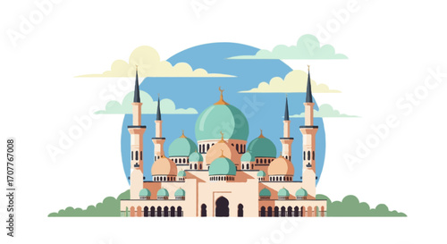 Flat vector illustration of a large mosque with domes and minarets