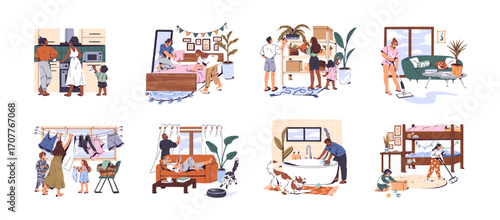 Family does housework together set. Parents and kids are cleaning apartments. People are washing floor, cooking, laundry. Cleanup of house. Flat isolated vector illustrations on white background