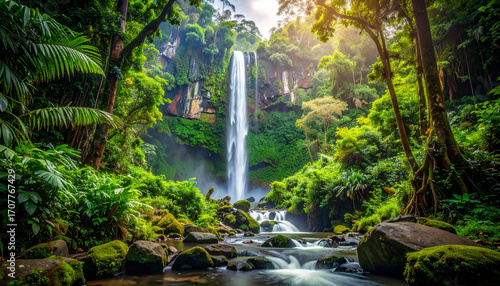Majestic and Serene Waterfall Cascade Amidst Lush Green Tropical Rainforest