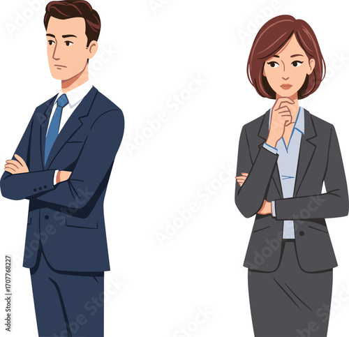 Business professionals in formal attire standing with confident and thoughtful expressions, ideal for corporate presentations, HR, and workplace concepts