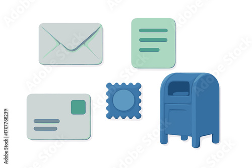 Modern postal service and communication elements: mail, envelope, document, postcard, stamp, mailbox