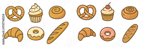 Delicious assortment of freshly baked goods, including pretzels, cupcakes, croissants, donuts, and baguettes