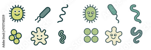 Adorable cartoon microorganisms set with smiling bacteria, viruses, and amoebas in various shapes