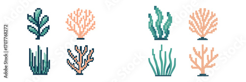 Pixel art collection of diverse underwater plants and coral reef elements in a charming retro video game style