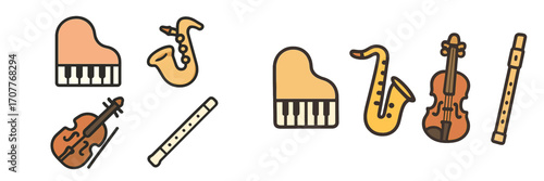 Diverse musical instrument collection featuring grand piano saxophone violin and flute for music education and entertainment