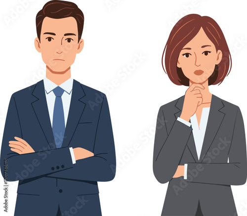 Two business professionals in formal suits with confident and thoughtful poses, perfect for leadership, decision-making, and corporate strategy visuals
