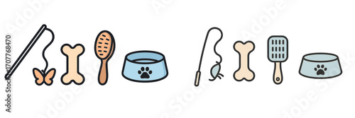 Essential pet care accessories and playful toys including wands, bones, brushes, and food bowls for cats and dogs