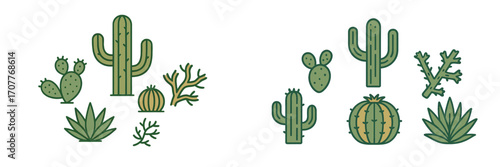 Stylized desert plants and different types of cacti including prickly pear, saguaro, and barrel cactus for nature designs