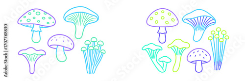 Vibrant gradient outline mushrooms and fungi set featuring diverse shapes and sizes for nature designs