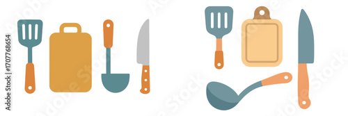 Essential kitchen cooking tools set with spatula, cutting board, ladle, and knife for culinary preparation and everyday cooking