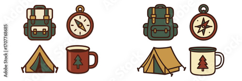 Collection of essential camping and outdoor adventure gear featuring backpacks compasses tents and mugs for wilderness exploration