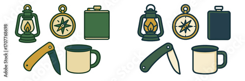 Collection of essential outdoor adventure gear including lanterns, compasses, flasks, folding knives, and mugs for camping and hiking