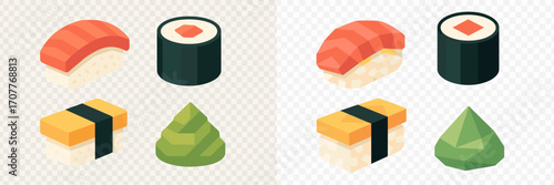 Collection of stylized isometric Japanese sushi and wasabi set with various traditional food items and rolls for Asian cuisine
