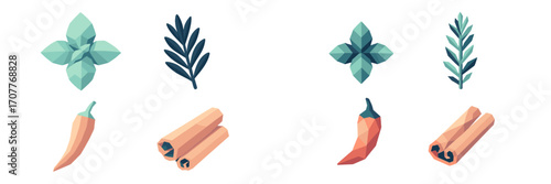 Stylized low poly geometric collection of fresh culinary herbs and aromatic spices including chili and cinnamon sticks